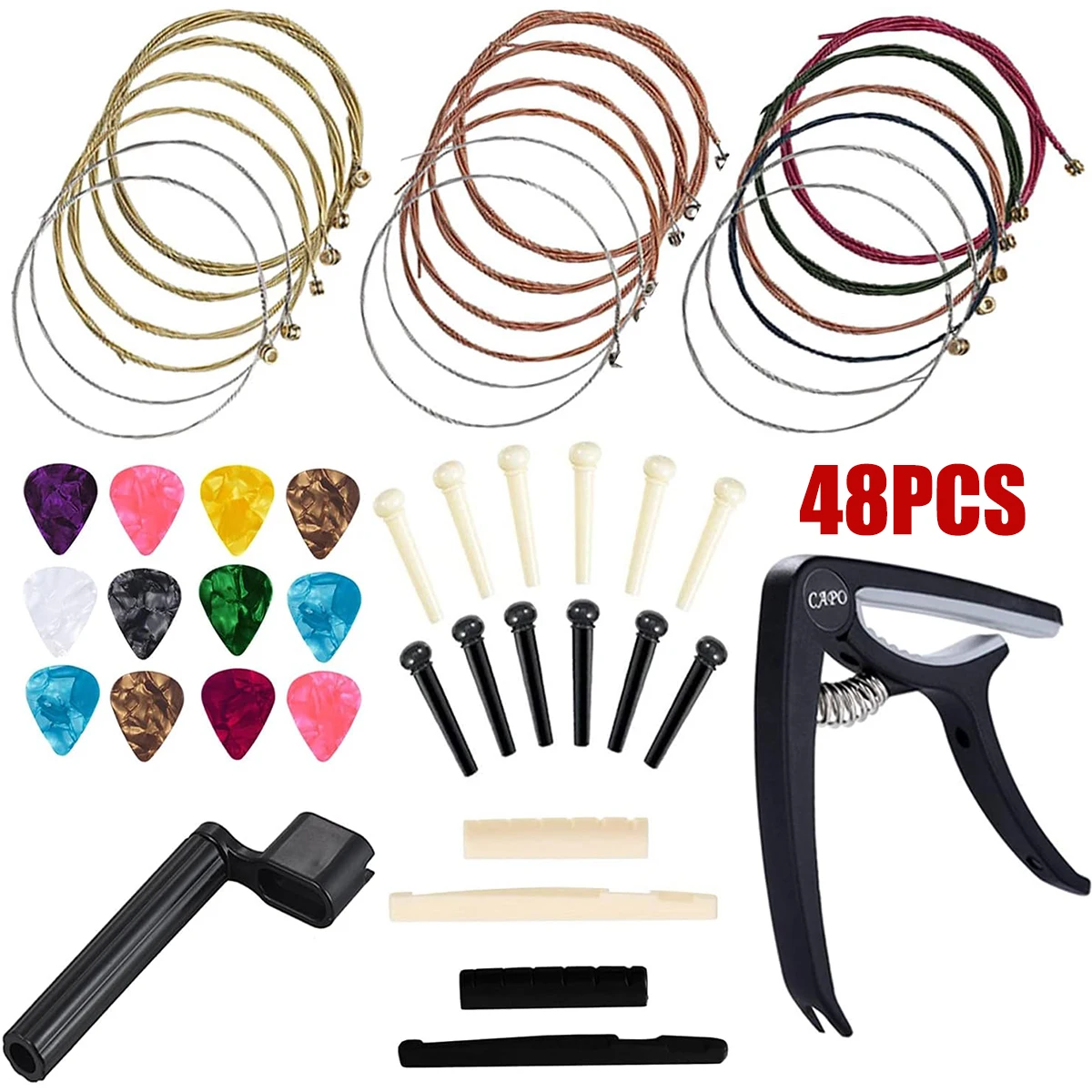 مجموعة ملحقات الجيتار الاحترافية 48 قطعة للمبتدئين-كابو، أوتار، اختيارات، اللفاف، دبابيس الجسر والسروج، مجموعة العناية بالجيتار الكل في واحد #1