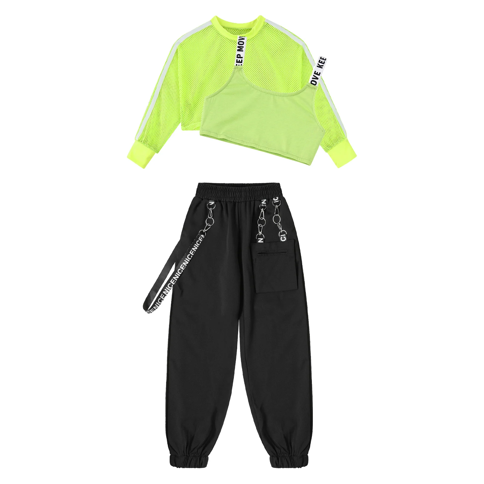 Kids Girls Fashion Hip-Hop Sport Outfit Jazz Street Dance Skateboarding Costume Long Sleeve Mesh Crop Top with Vest Chain Pants