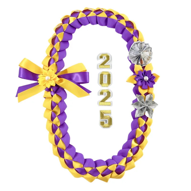 2025 hand woven ribbon lei, embellished with USD pattern flowers suitable for student graduation ceremonies or parties