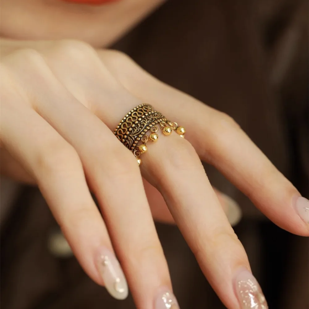 New Chinese Style Retro Round Bead Tassels Lace Hollowed-out Pattern Opening Ring for Women Stainless Steel Charm Finger Jewelry