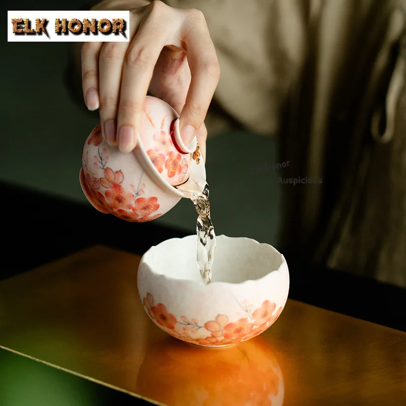 110ml Gold Drawing Hand-painted Plum Blossom Gaiwan Zen Tea Tureen Tea Bowl With Lid Kit Tea Maker Cover Bowl Tea Ceremony Gift