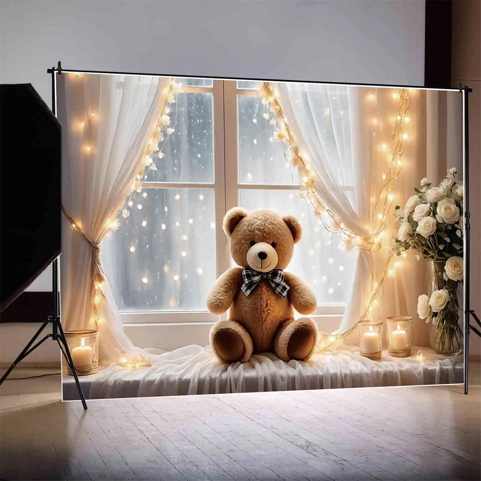 Bulan. QG dekorasi pesta ulang tahun 1 tahun latar belakang Teddy beruang bunga balon foto latar belakang anak-anak tirai jendela alat peraga menembak