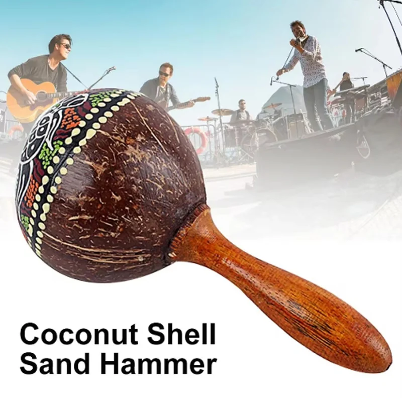 1pc Natural Coconut Shell Sand Hammer Shaker Hand Handmade Maracas Professional Percussion Musical Instrument For Boys And Girls