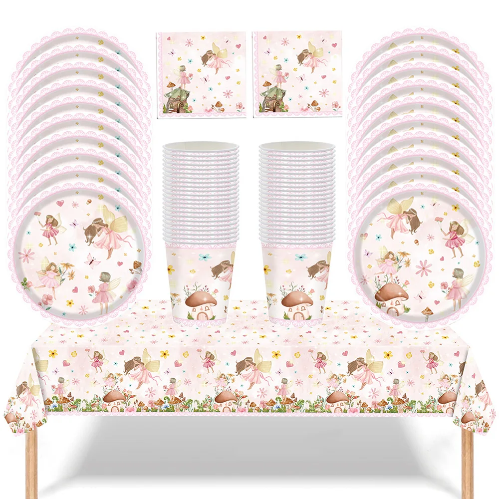 Fairy Theme Birthday Party Decor Disposable Tableware Set Paper Plate Napkin Cups Girls Flower Fairy Birthday Party Supplies ﻿