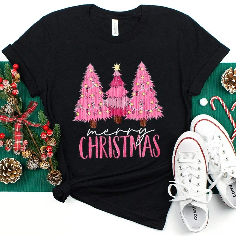 Pink Christmas Tree Women T Shirt Funny Graphic Christmas Party Outfit Harajuku Casual Female Clothing O Neck Short Sleeve Tees