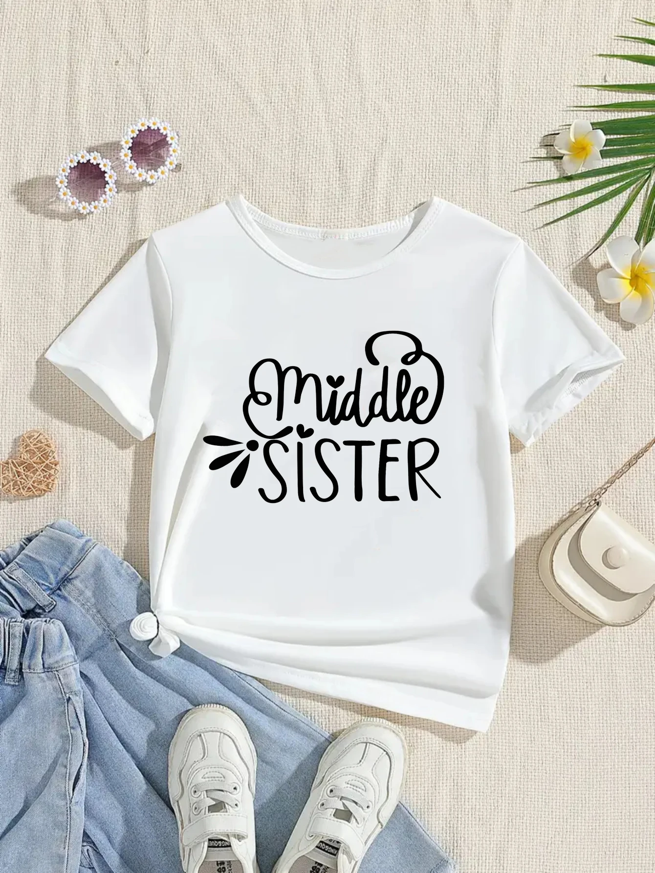 Girls' Little/Middle/Big Sister T-Shirt - White/Black Casual Short Sleeve Round Neck Tee Letter Print Girls Tshirt Summer Tops