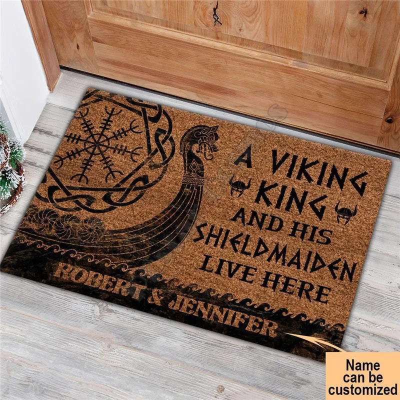 Nome personalizado Capacho Antiderrapante, Um Rei Viking e Sua Donzela Escudo Vivem Aqui Capacho, 3D Print Floor Mats, Decoração de varanda