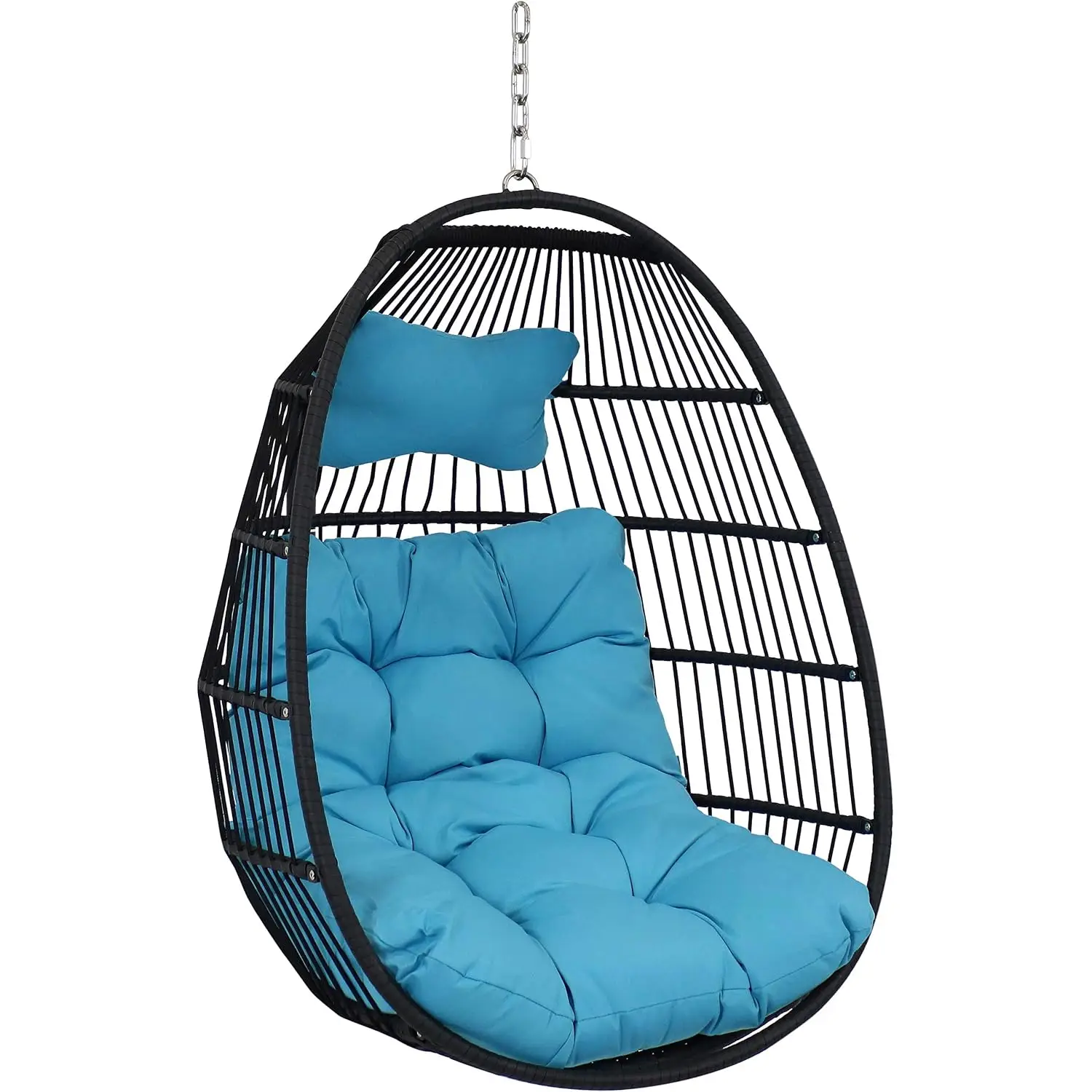 Hanging Egg Chair - Black Polyethylene Wicker Rattan Frame with Blue Polyester Cushions - 44 Inches, Customized