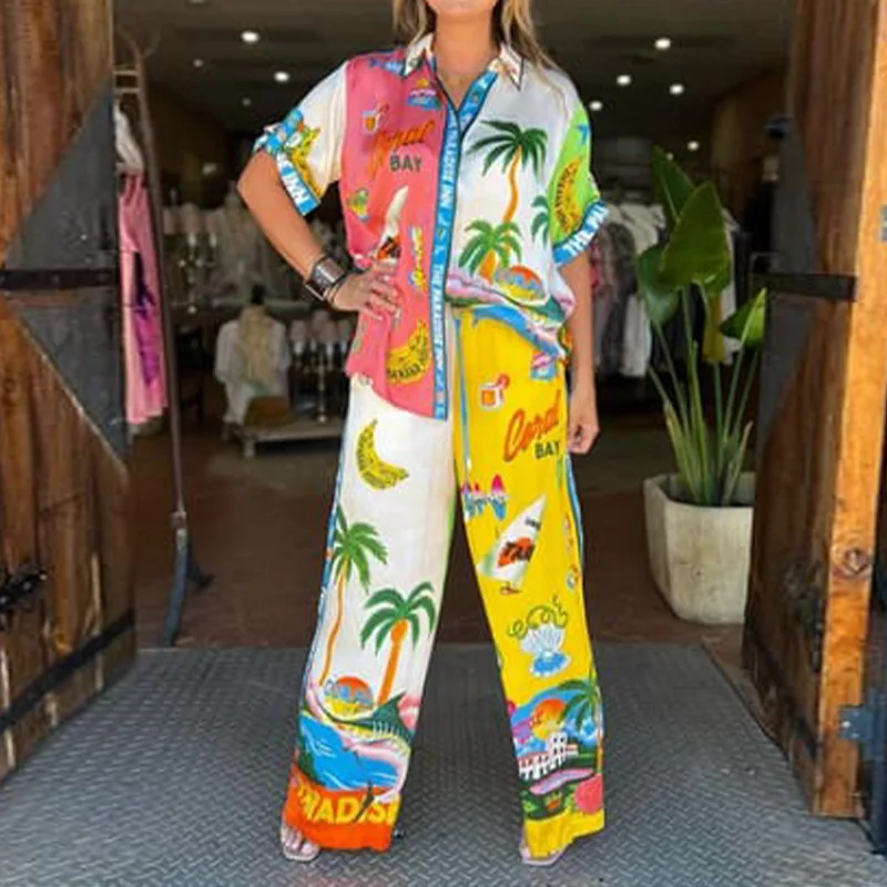 2025 New Printed Color Blocked Holiday Wide Leg Pants For Wearing Women's Fashion Set