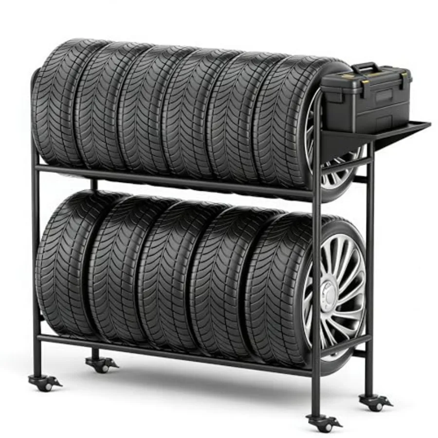 

Adjustable Rolling Tire Rack Heavy-Duty Tire Storage Rack for Garage with 4 Self-Locking Casters Foldable Hole Board 59 H x 59