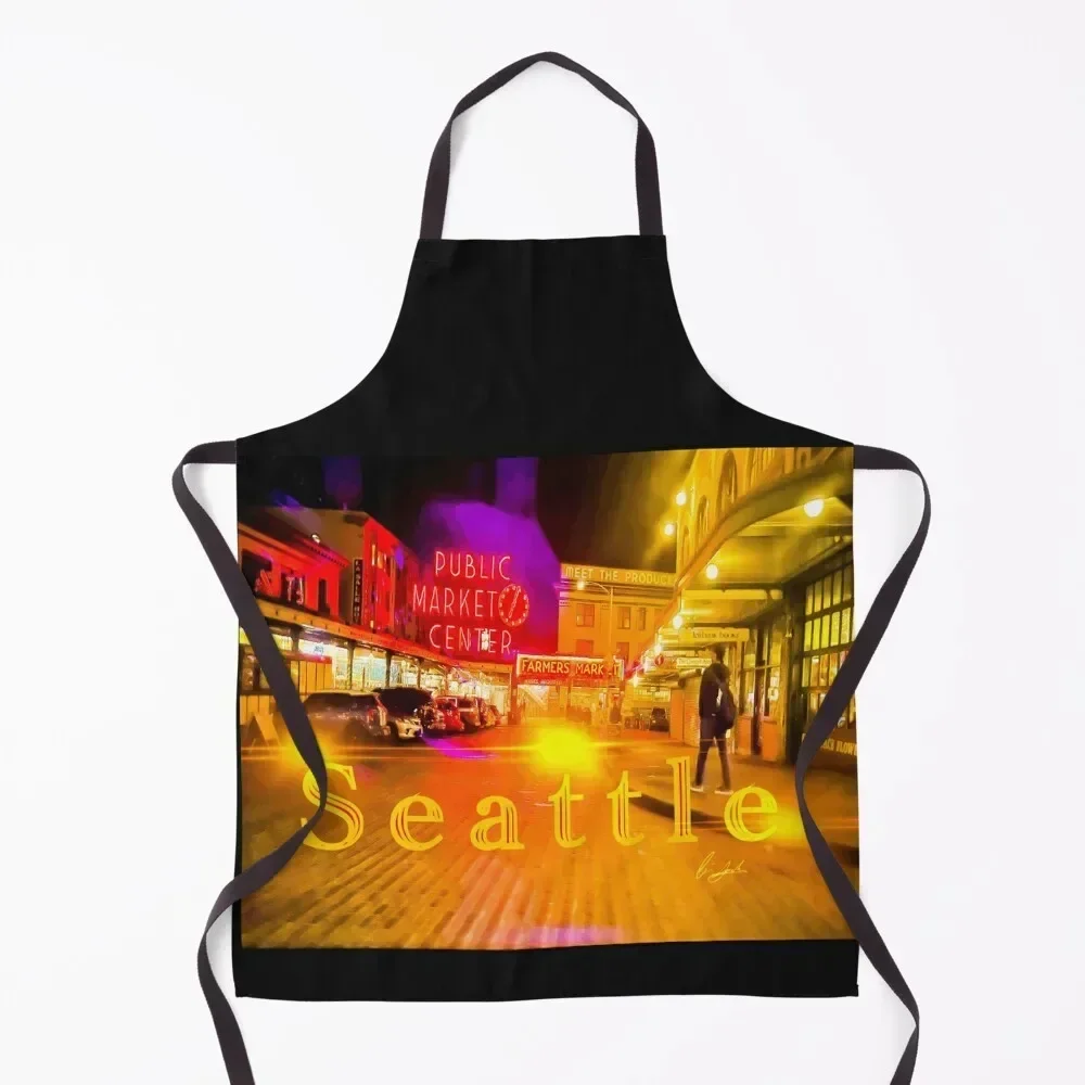 

PIKES PLACE SEATTLE AT NIGHT Apron Household Items Useful kitchen clothes for men manicurist Kitchen Kawaii Accessories Apron