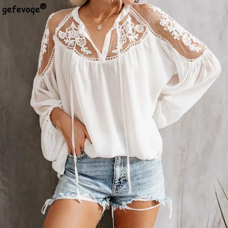 Women Clothing Summer Solid Color Chiffon Sexy Plus Size Shirts Loose V-neck Lace Hollow Out Embroidery Blouses Korean Fashion