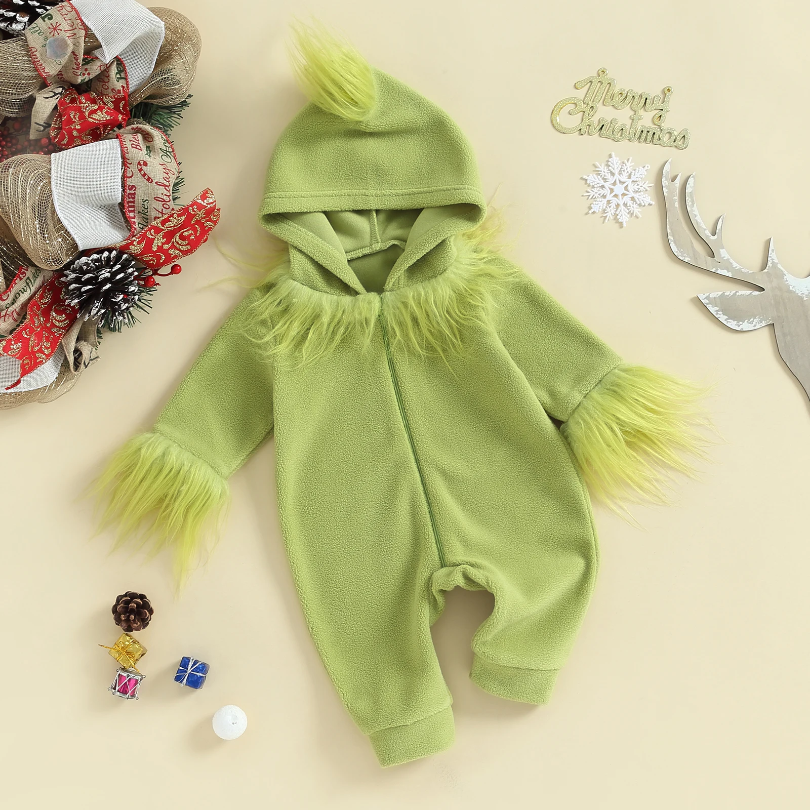 Baby Boys Girls Christmas Jumpsuits Fur Trim Long Sleeve Rompers Toddler Kids Green Monster Baby Cosplay Costume