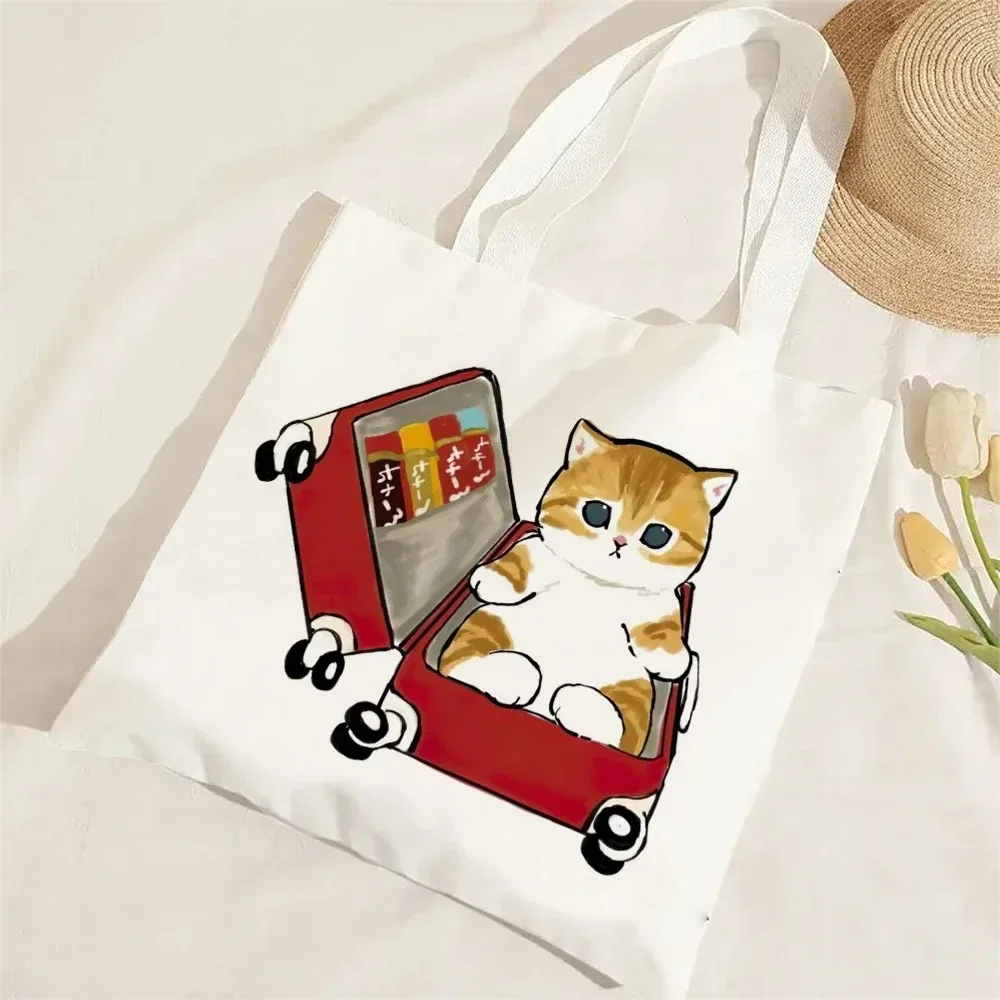 

Женская сумка-тоут в стиле Графико-Харадзюку, вместительная женская сумка через плечо, холщовая сумка для покупок с кавайным котом, экологичная модная сумка для девочек