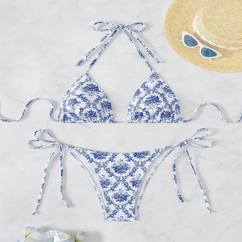 Sexy Floral Print Bikinis Sets Two Pieces String Tie Halter Thong Swimsuit Swimwear Bathing Suit Beach Outfits Biquini Tankini