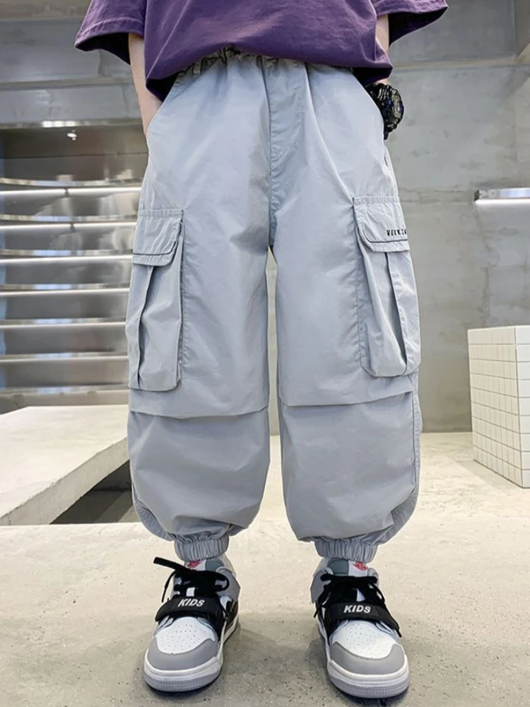 

Boys Summer Ice Silk Korean Style Wide Leg Cargo Pants Loose Casual Trousers Kids Teens