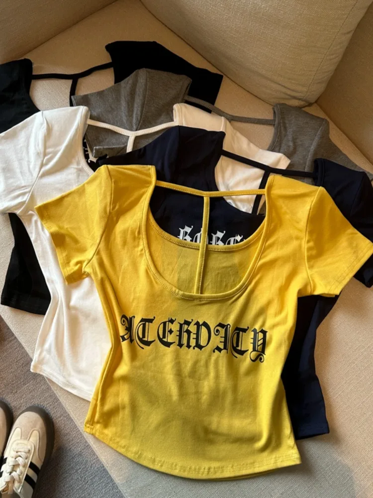 

Retro American Pure Desire Hot Girl Gothic Letter Print Short Sleeve T-Shirt Women's Unique Beautiful Backless Summer INS Top