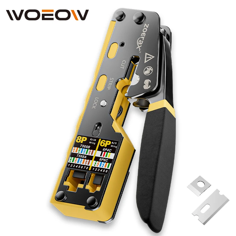 

WoeoW RJ45 Crimp Tool Pass Through Crimper Cutter for Cat6 Cat5 Cat5e 8P8C Modular Connector Ethernet All-in-one Wire Tool