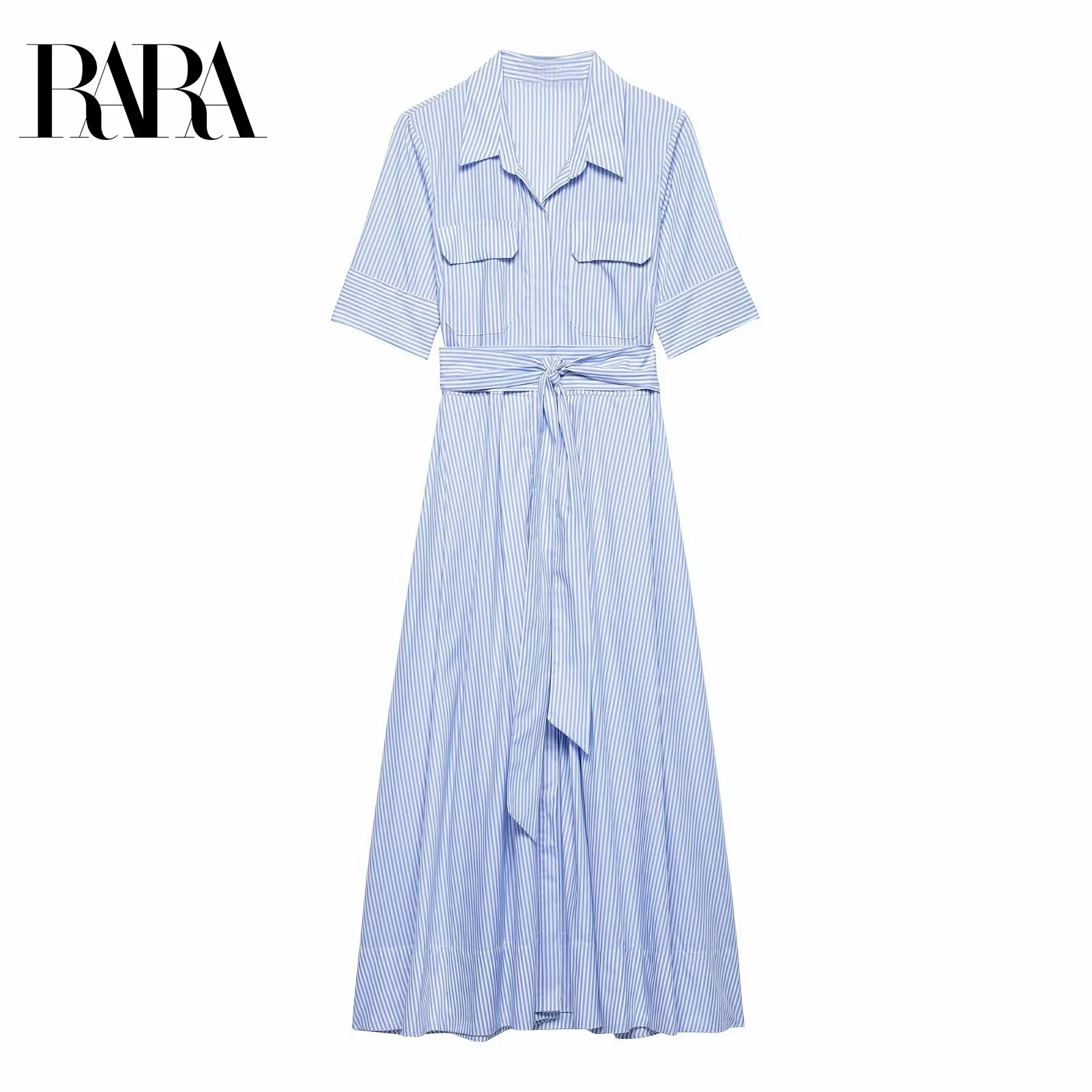 

RARA Women's Casual Elegant Refreshing Collared Short - sleeve Shirt - style Mid - length Striped Dress with Tie Belt
