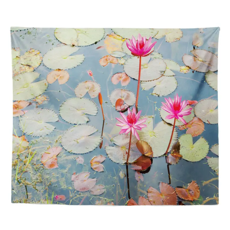 VIKAMA Pink Water Lily Pond Tapestry Wall Hanging Blue Lotus Leaf Nature Aesthetic Wall Art Bedroom Living Room Decor
