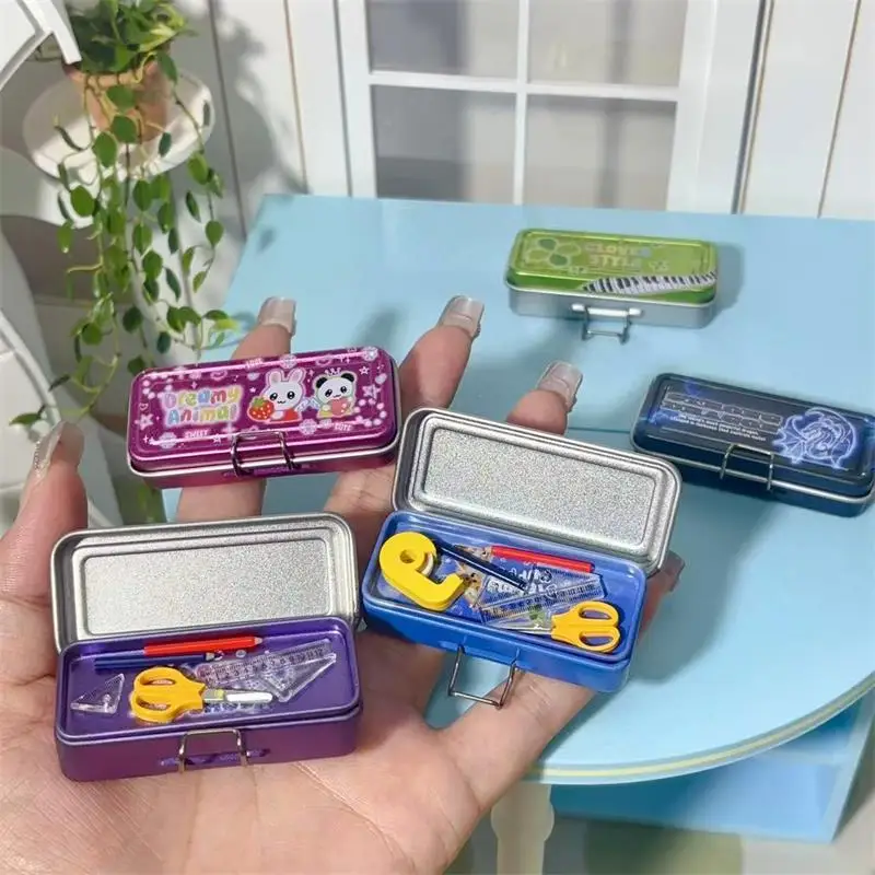 Dollhouse Miniature Double Layer Iron Pencil Box Pen Ruler Measuring Tape Scissors Model Micro Landscape Decor Pretend Play Toy view 5