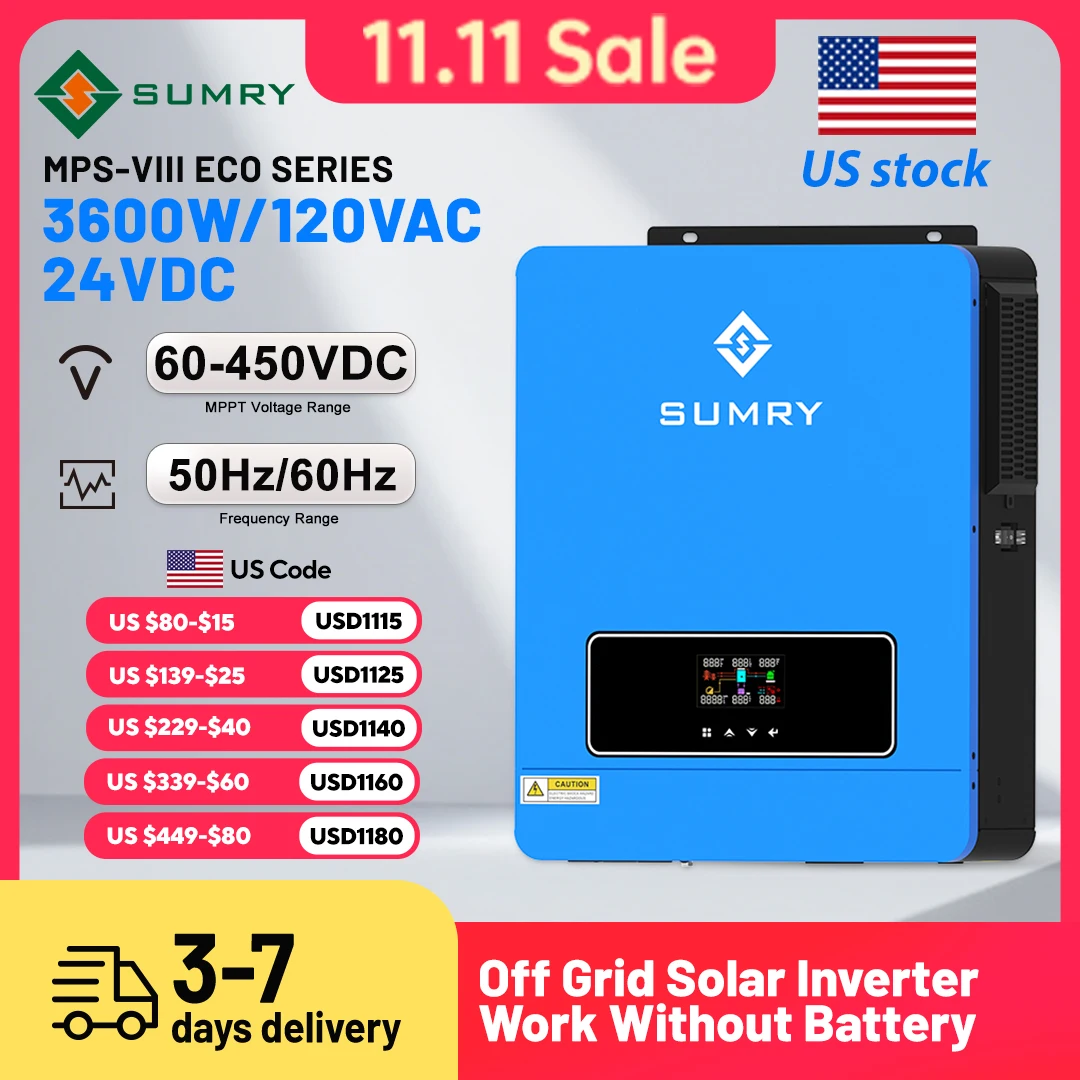 SUMRY 3.6KW 24V 120V Solar Inverter Pure Sine Wave Off Grid MPPT 110A Controller Charger 120A for Home Use