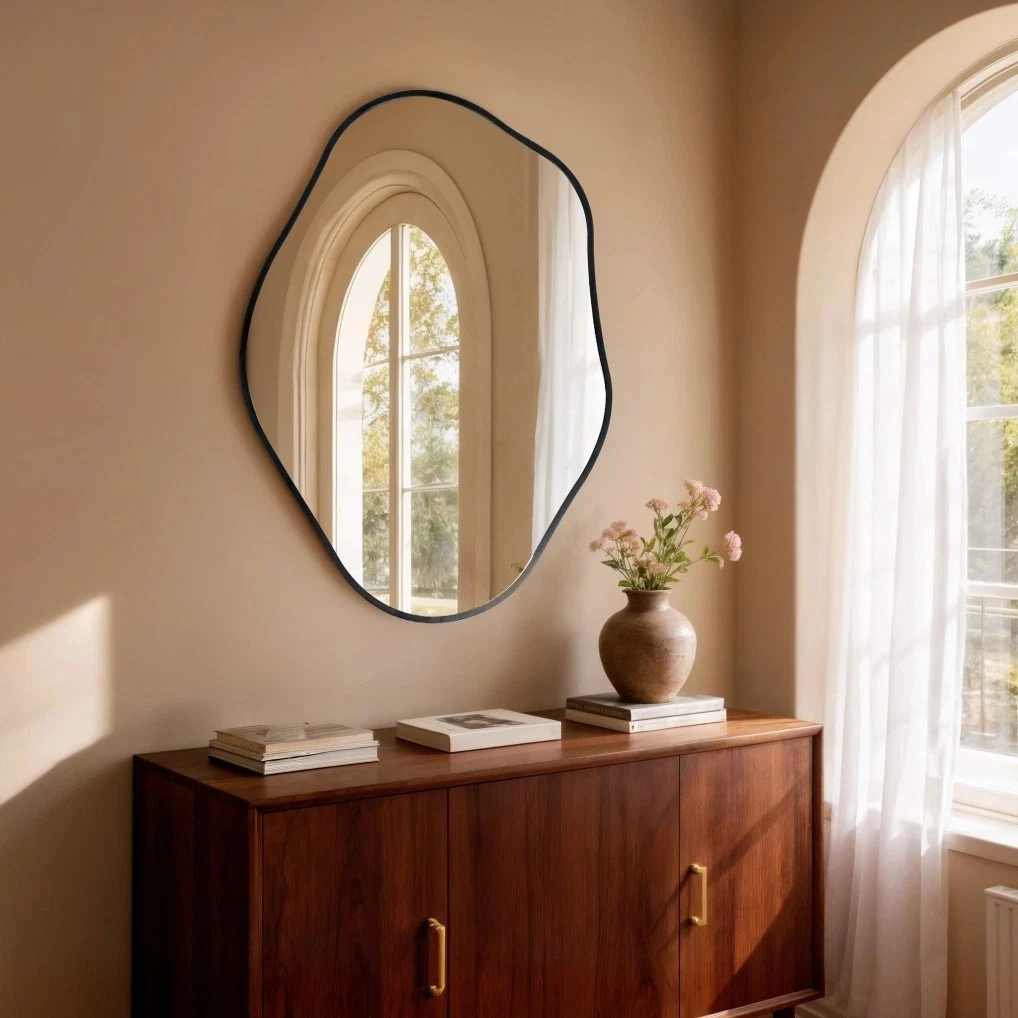 Asymmetrical Black Wall Mirror, Large Irregular Modern Wall Mounted Mirror with Aluminum Alloy Frame, Unique Freeform Decorative Art Mirror for Living Room, Bedroom, Entryway & Hallway