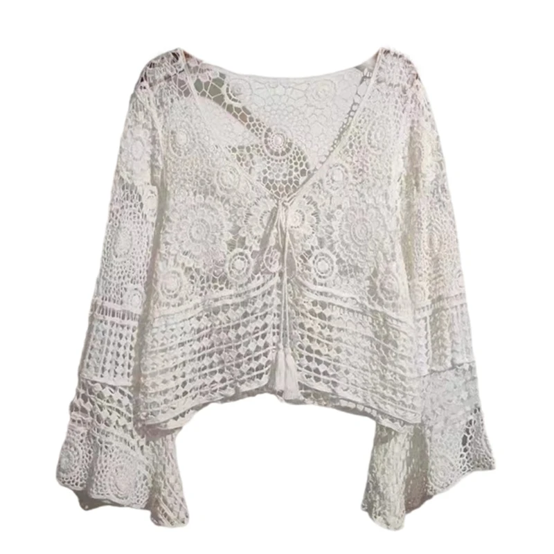 Women Sexy Hollowed Out Crochet Knitted Pullover Crop Top Flared Long Sleeve Tie Front Loose Beach Cover Up Sheer Shirt