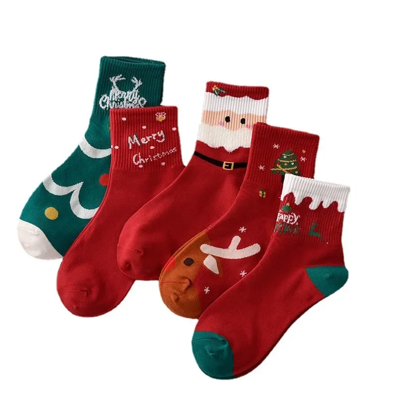 5 pairs of Christmas stockings for women in autumn and winter, stockings for Santa Claus, reindeer, snowman, cute