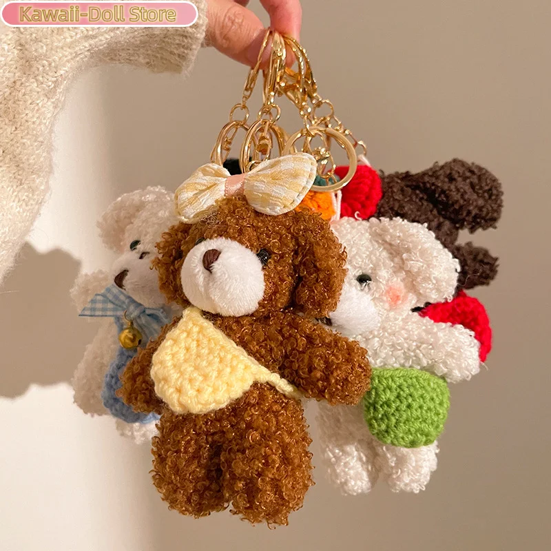Porte-clés en peluche ours à nœud, poupée en peluche douce de dessin animé, pendentif de voiture, sac à dos, décor de sac, cadeau pour enfant