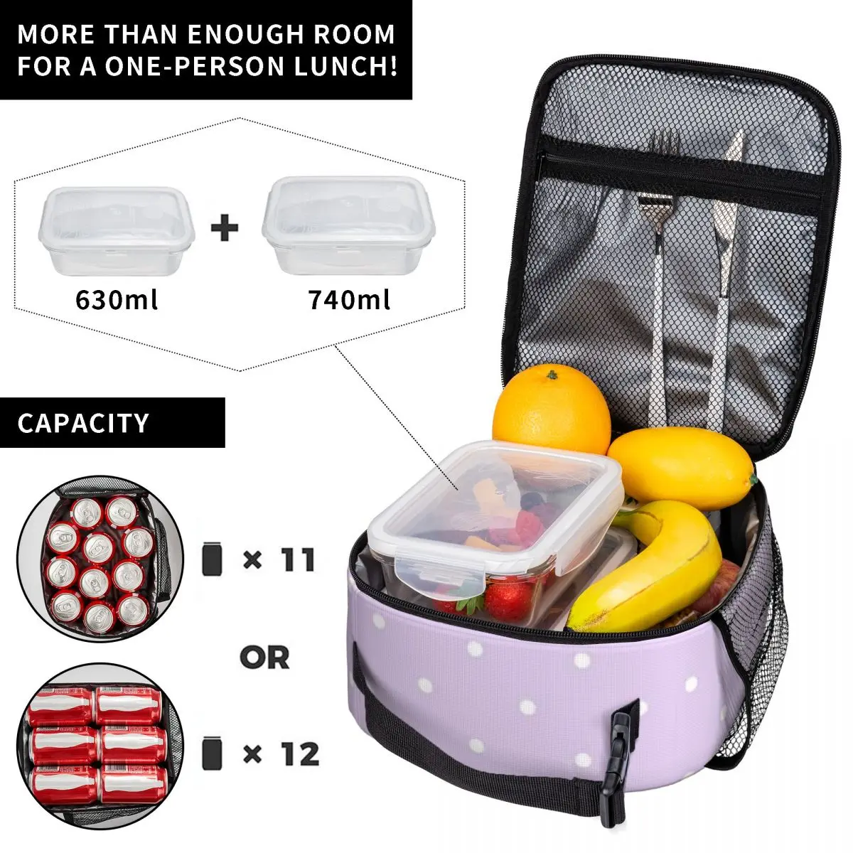 Bestselling Pastel Lilac And White Polka Dot Pattern Neutral Tone Cooler Lunch Bag Car Travel Commuter Lunch Bag view 4