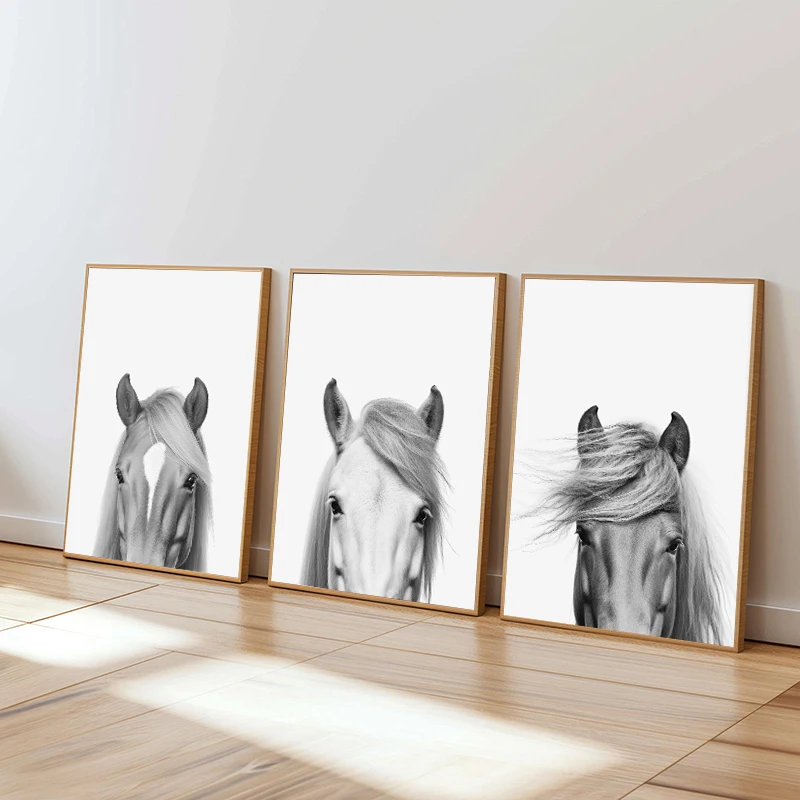 Black and White Horse Photo Poster Canvas Painting Print Rustic Equestrian Farmhouse Horse Scandinavian Wall Art Room Home Decor