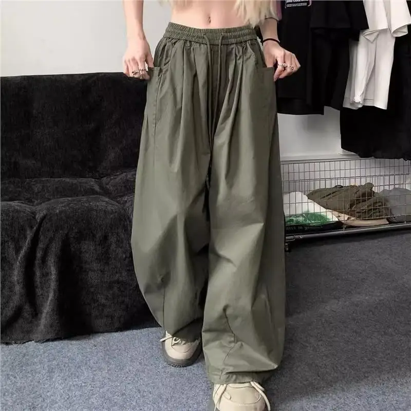 

High Waist Straight Leg Workwear Trousers American Casual Drawstring Elastic Waist Wide Leg Pants Unisex Spring Season