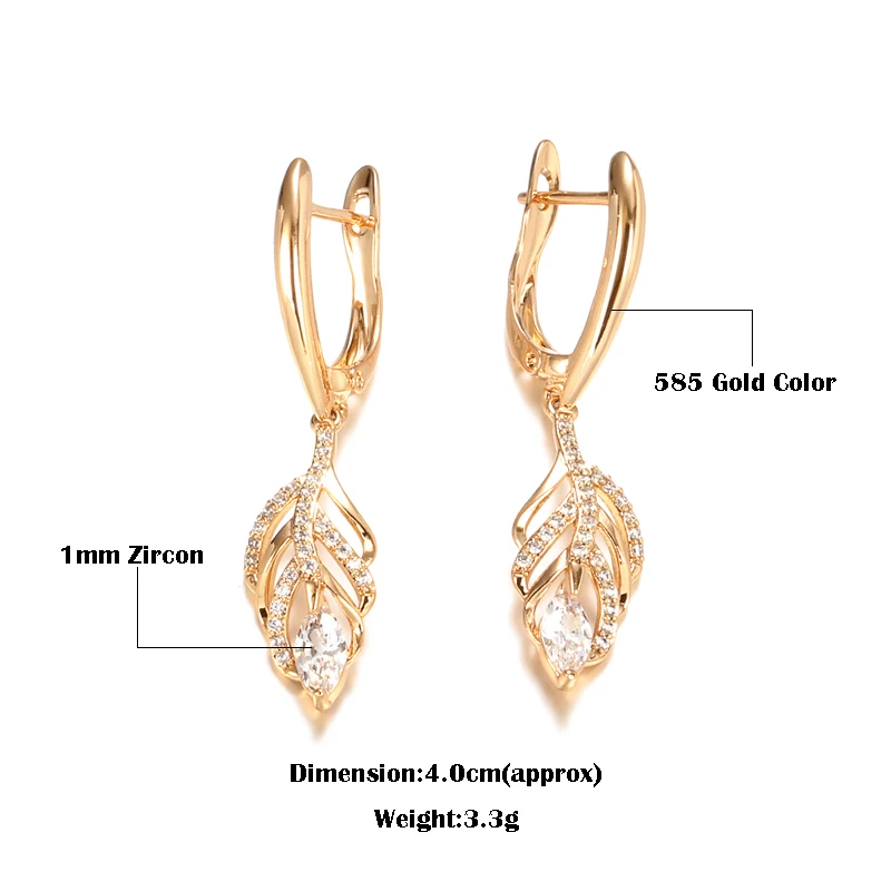 Full Zircon Hollow Leaf Dangle Earrings 585 Rose Gold Color Women Luxury Party Wedding Jewelry Vintage Elegant Earrings Gifts