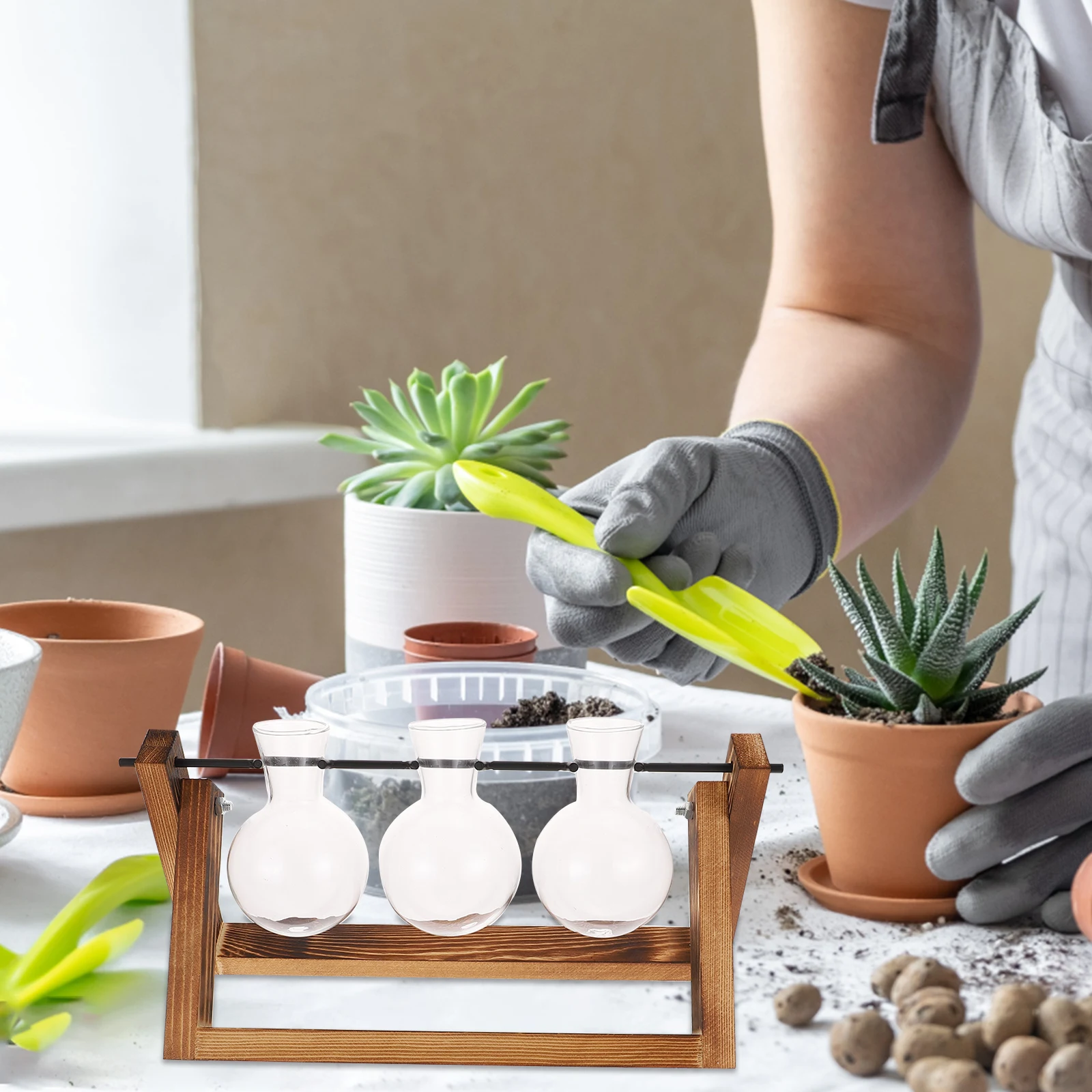 

1Set Glass Bulb Vase Hydroponic Plant Swivel Holder Wooden Stand Tabletop Terrarium Propagation Station Air Planter Decoration