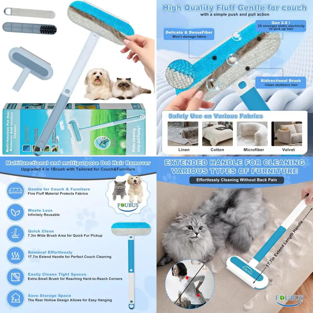 Multifunctional Pet Hair Remover Tool, 4 in 1-Reusable Washable Long Handle Dog&Cat Fur Hair Remover for Furniture,Carpet,Couch,