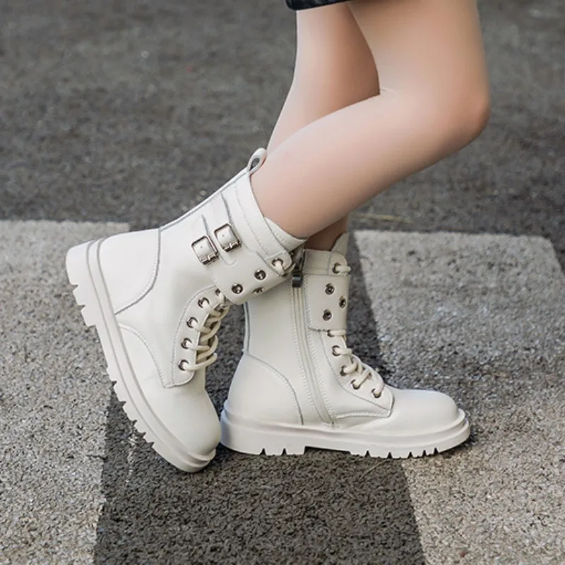 Kids Boots for Girls 2023 Autumn New British Style Soft Leather Cotton Boots Fashion Girls Shoes Princess Non-slip Ankle Boots