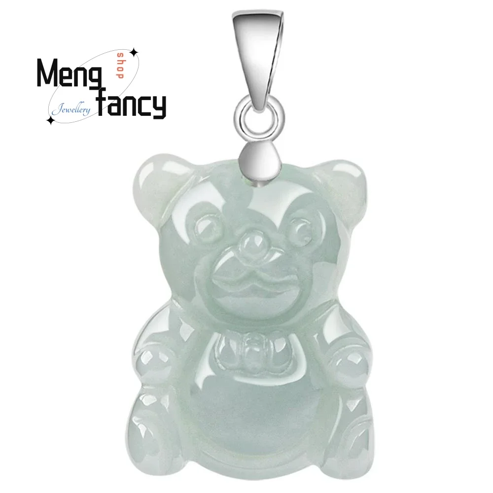 Natural Myanmar A-goods Jadeite Light Green Bear Pendant S925 Silver Simple Cute Exquisite Mascots Fashion Jewelry Holiday Gift