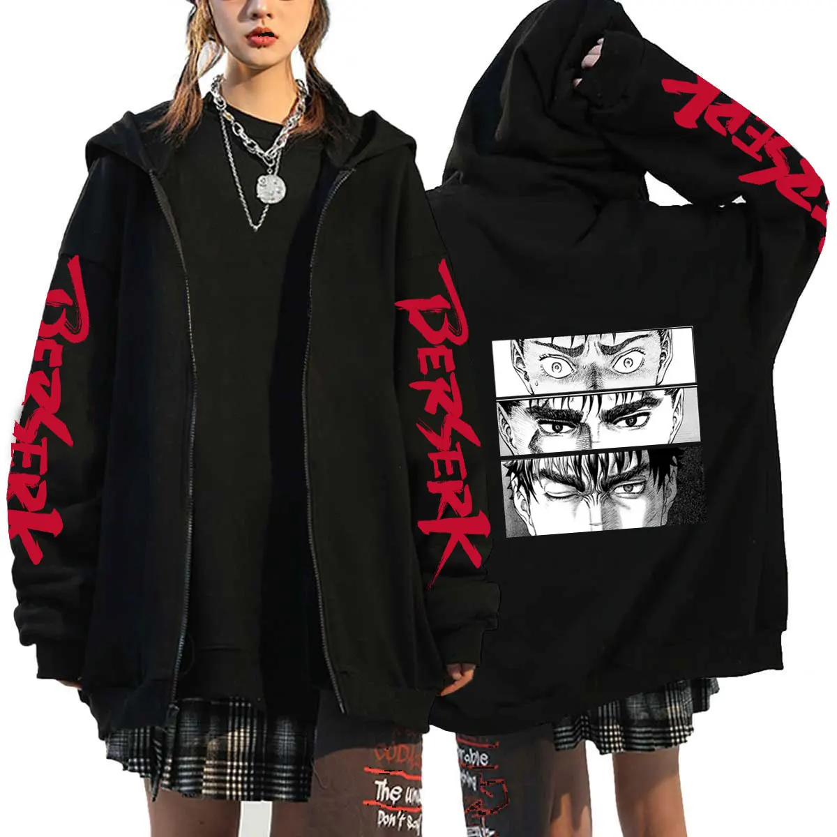 Japan Anime Berserk Harajuku Guts Eyes Manga Zipper Hoodies Sweatshirt Gothic Winter Pullover Fashion Long Sleeve Men Sweatshirt