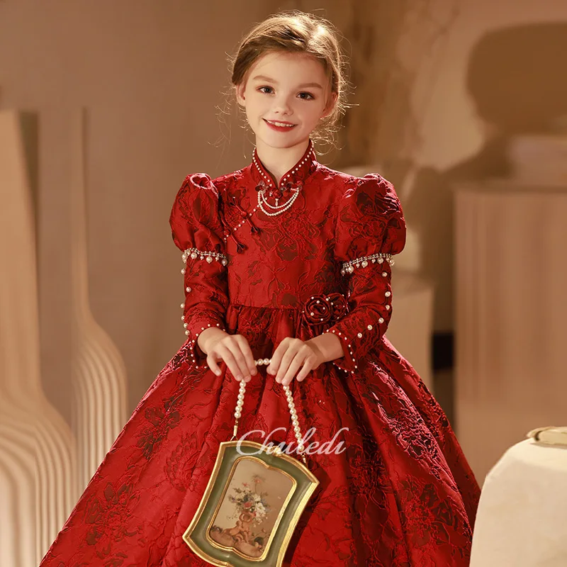 Girls Dresses Long Sleeve Ankle Style Burgundy Heavy Jacquard Birthday Princess Dresses