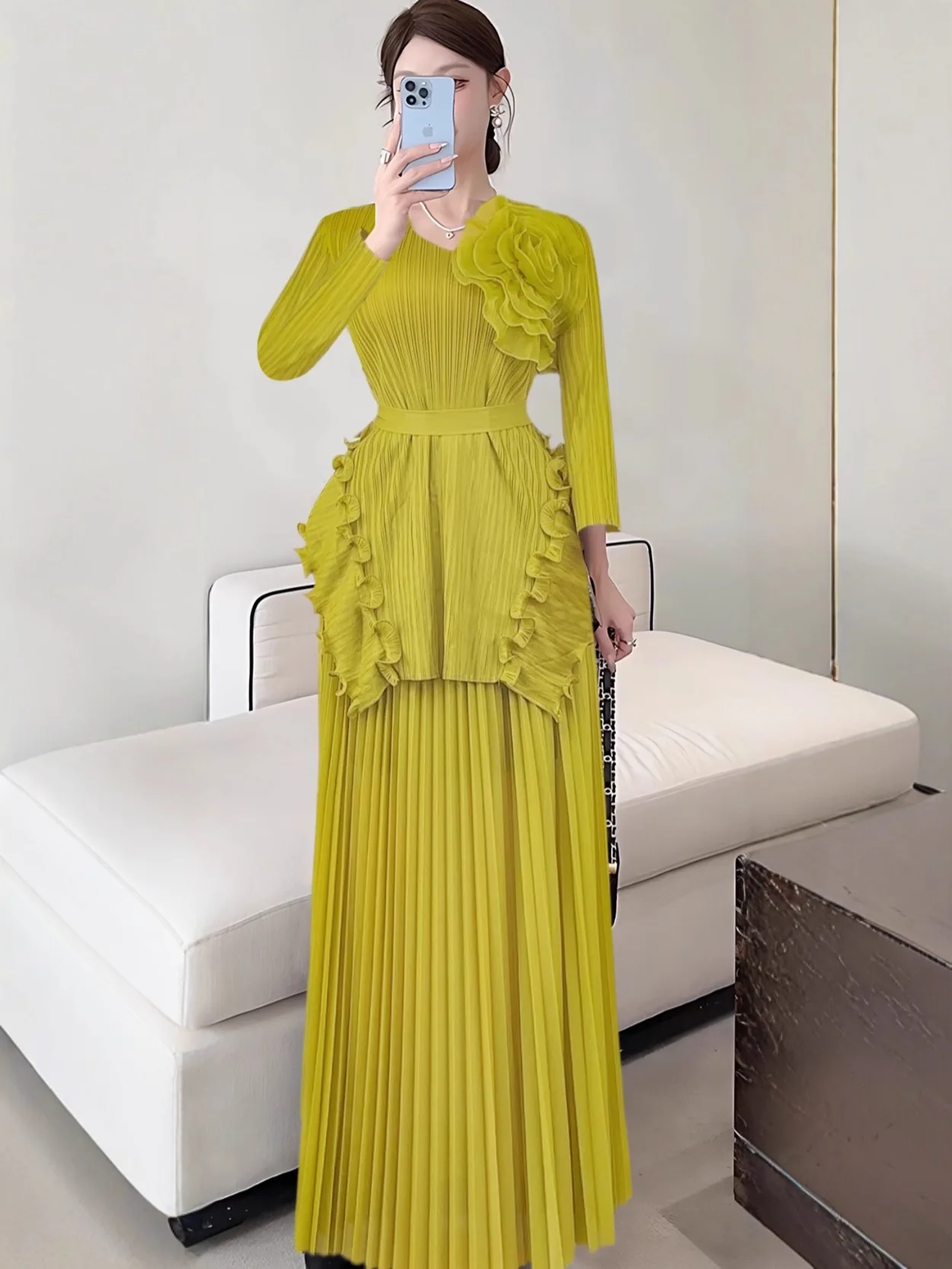 

Miyake плиссированный модный однотонный комплект из двух предметов с грибковым краем, длинное платье, женский комплект из двух предметов