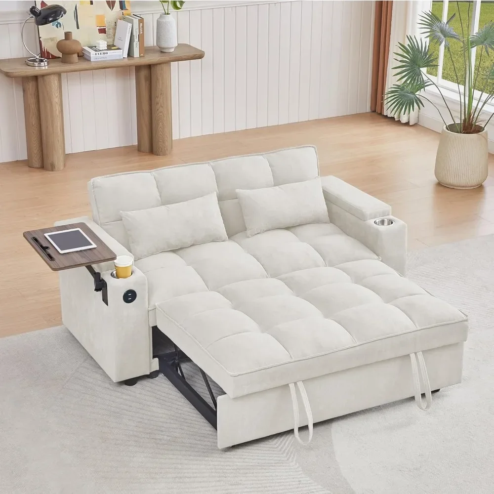 65''3-in-1 Convertible Sleeper Queen Sofa Modern Chenille Fabric Sofa Pullout Sofa 360 Degree Swivel Side Table,Easy to Assemble image 3