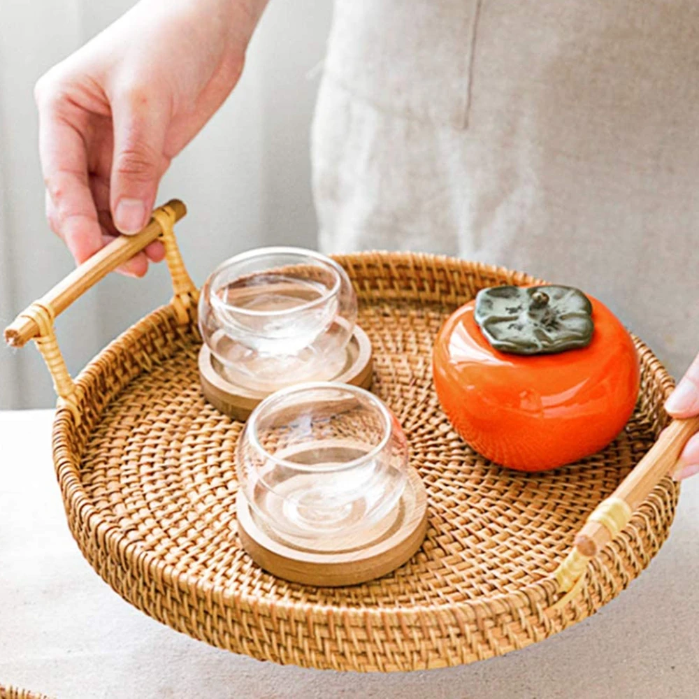 Hand-Woven Rattan Tray Round Food Storage Platters with Wooden Handle Perfect Gift for Breakfast Coffee Boho Farmhouse Decor