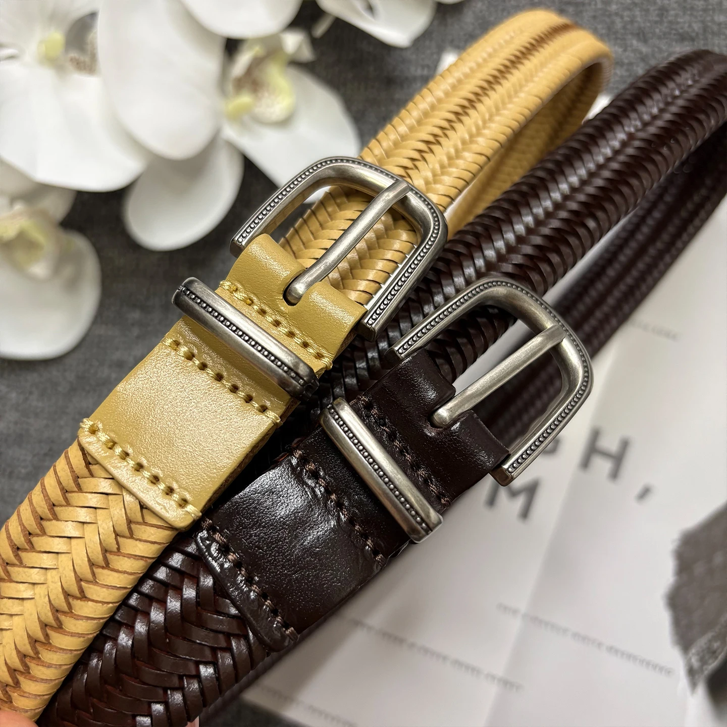 First-grade cowhide woven belt, vegetable-tanned casual leather belt with antique silver buckle, knotted genuine leather waistba