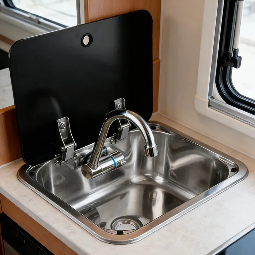 Compact Stainless Steel RV Sink with Glass Lid Hot Cold Faucet Camper Van Boat Caravan Small Kitchen Sink Basin