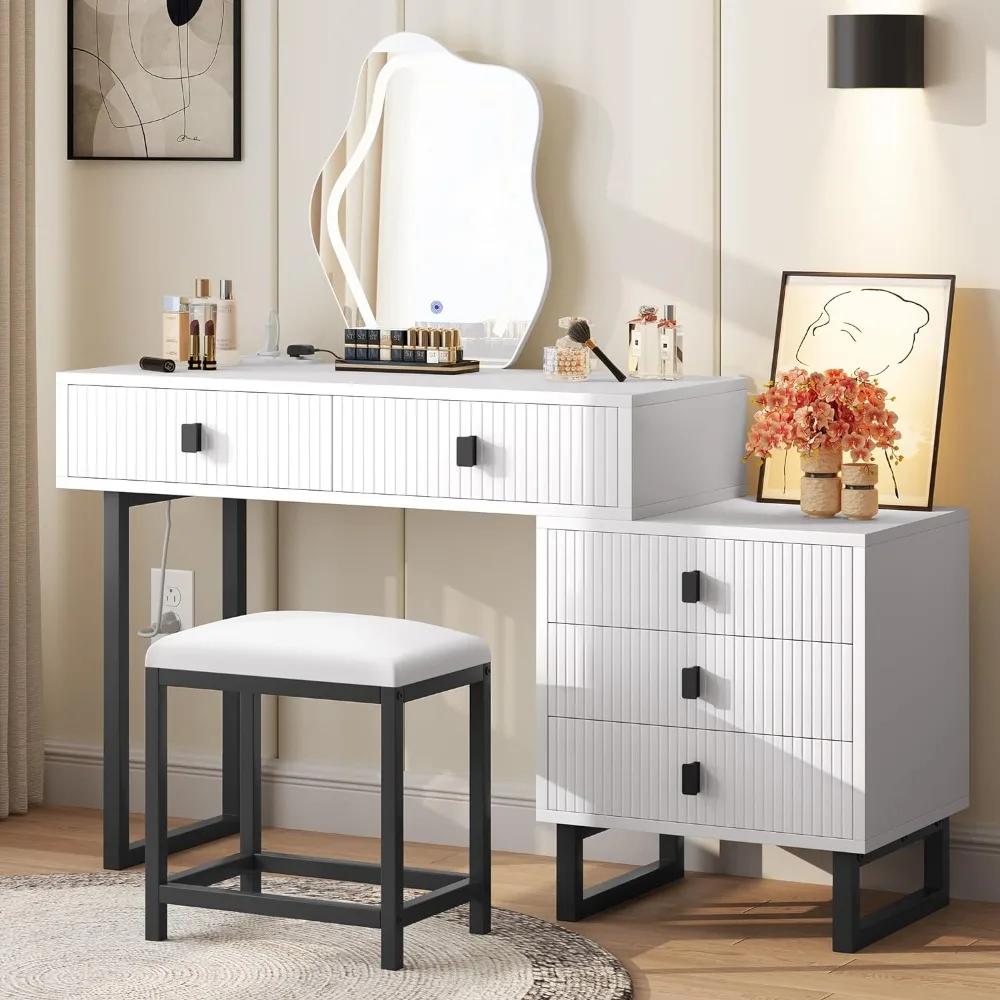 Dressing table with power board, 3-color touch screen illuminated mirror and 5 drawers, white, free shipping