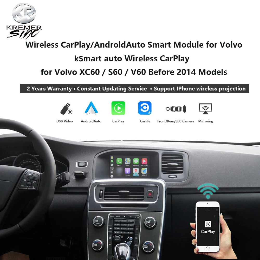 CarPlay Nirkabel Android Auto KSmart Box Versi Upgrade 5G untuk Volvo V40 V60 XC60 S60 V70 XC70 S80 2011-2014 Mikrofon OEM