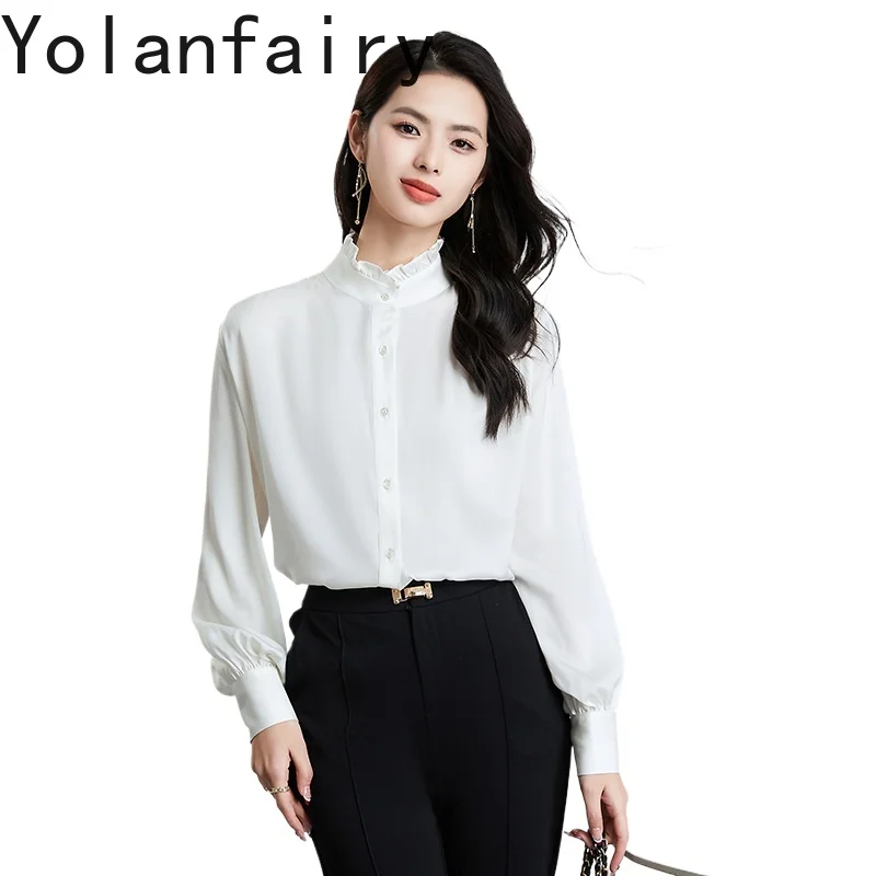 

YOLANFAIRY 92.3% Mulberry Silk Shirts Woman Clothing Spring 2026 Stand Collar Elegant Blouse Long Sleeve Tops High-end Shirt