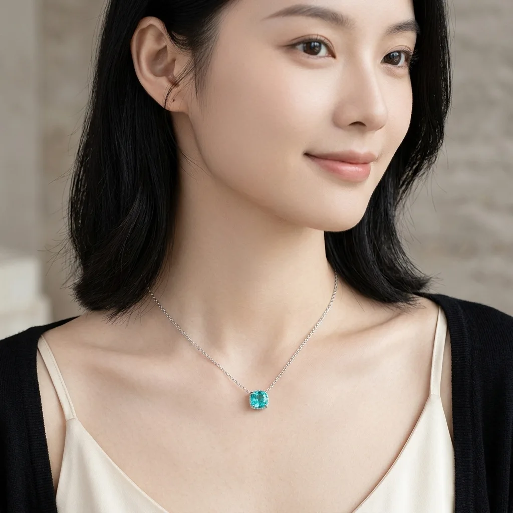 S925 Sterling Silver Four-claw Sugar Cube Pendant Ring Necklace Bracelet Stud Earrings Set High Carbon Diamond Green Treasure