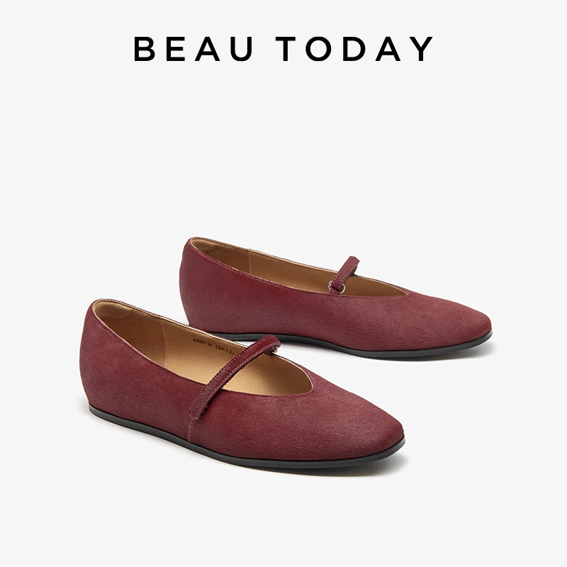 BEAUTODAY Mary Janes Women Fetal Cow Hair Square Toe Vintage Ballerinas Ladies Shoes Handmade 28087